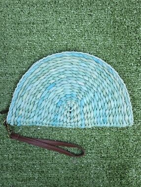 3am Forever Half Moon Blue Sea Glass Dyed Woven Straw Clutch w\ Leather Strap